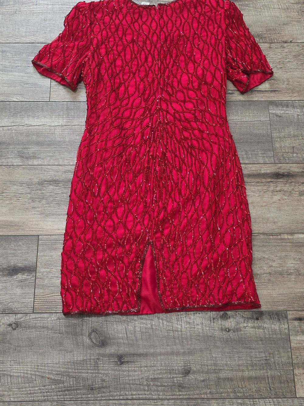 Vintage Laurence Kazar Cocktail 100% Silk Red Sequin Beaded Dress - Picture 9 of 16